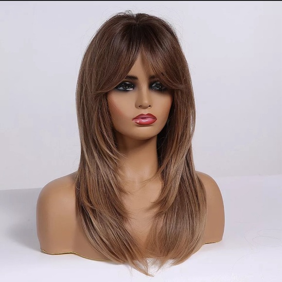 Ombre Brown Wigs Women Long Layered Brown Wig Ombre Brown Layered Wig with Bangs - Picture 2 of 5